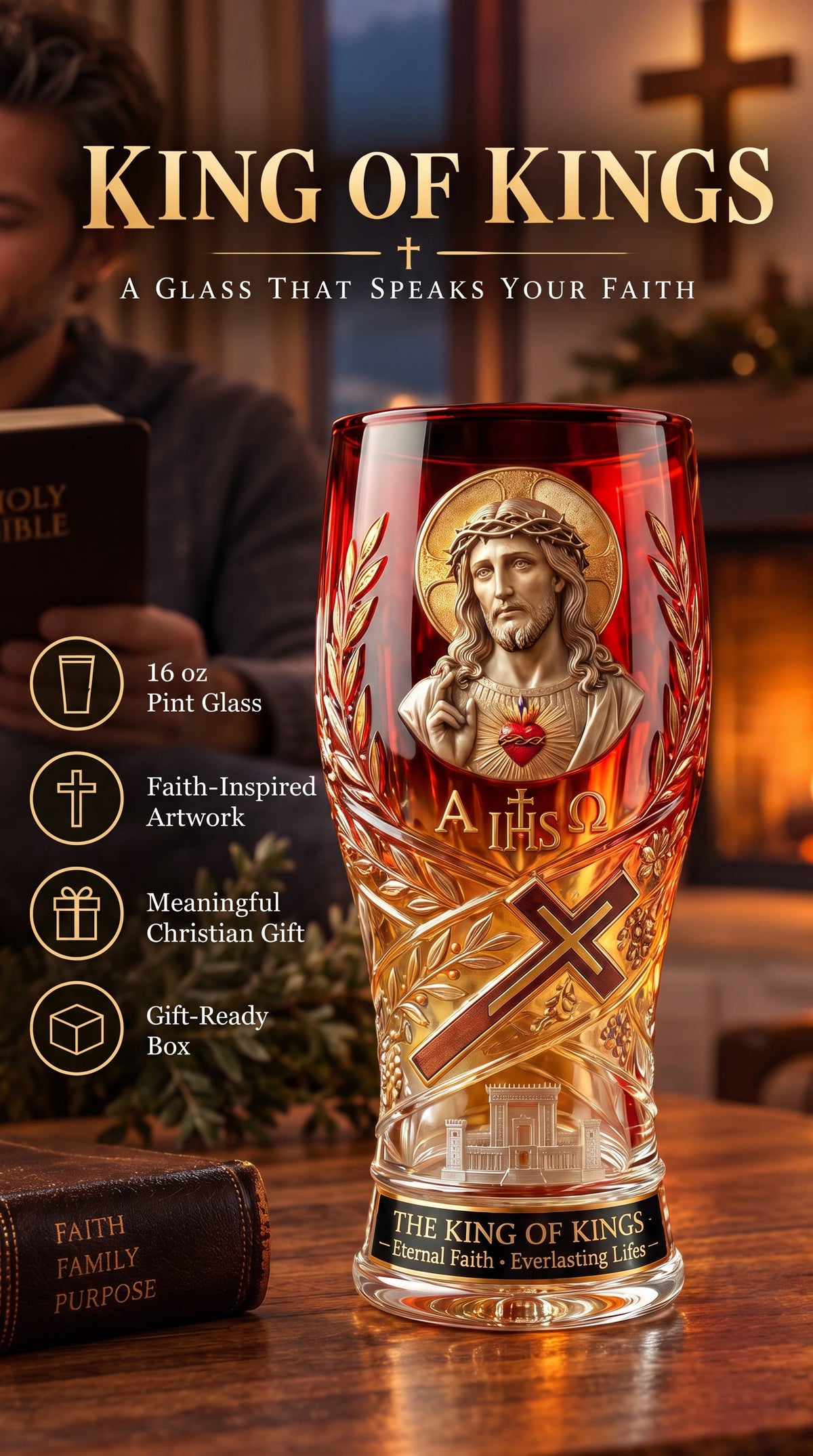❤️🔥❤️🔥Jesus Christ King of Kings Pint Glass – 16 oz Christian Faith Drinkware & Inspirational Gift