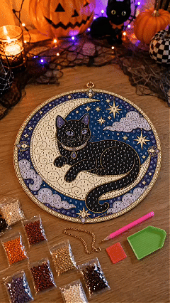 🌙🌙🐈⬛ LAST DAY 49% OFF – ✨ Premium 3D Pearl Celestial Black Cat Window Hanging Kit | Luxury Flocked Canvas with Scratch-Resistant Non-Fading Pearl Beads DIY Handmade Moonlight Suncatcher Decor 🔮💎