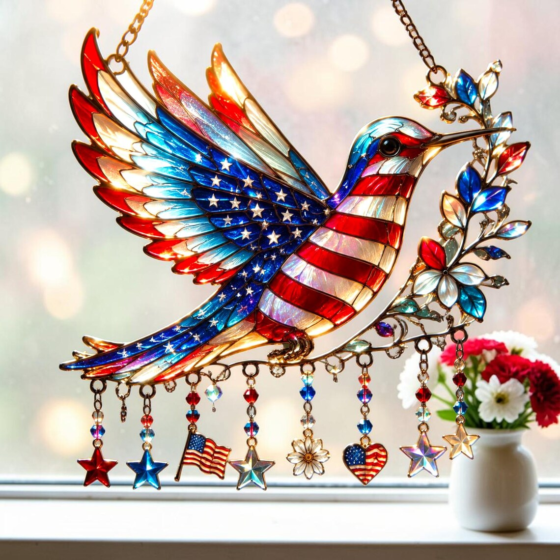🐦🐦Patriotic Hummingbird - Suncatcher With Charm - 250th Anniversary Gift