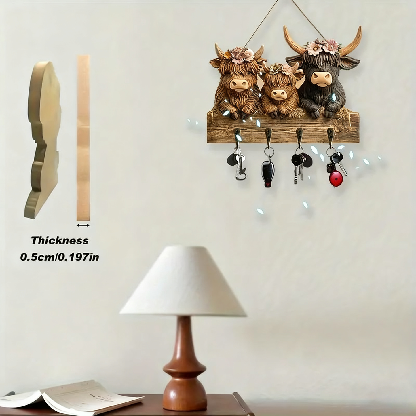 🐮 2D-Rustic Highland Cow Wooden Family Key Holder Hanging Ornament with 4 Hooks
