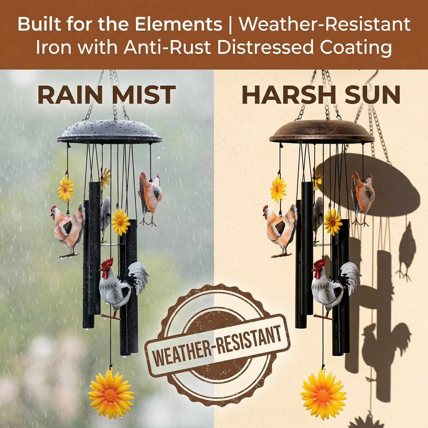 🌻Vintage Metal Chicken Wind Chime with Sunflower🐔