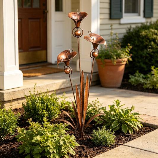 🏡🏡Flamed Copper Three Calla Lilies Garden Stake with Bells