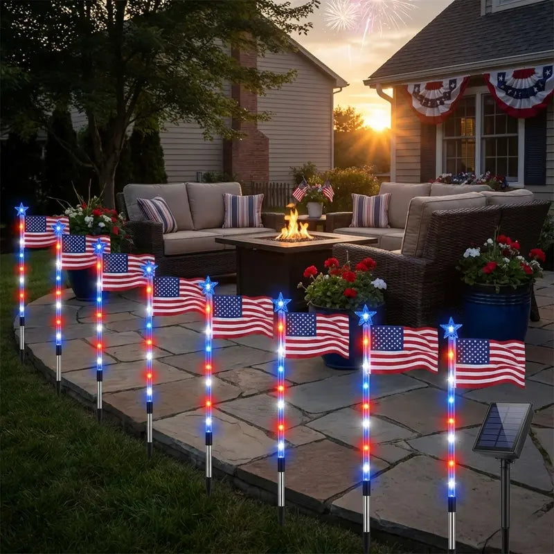 ☀️8-in-1 Solar American Flag Garden Stakes✨ IP65 Weatherproof & Auto-On Patriotic Decor