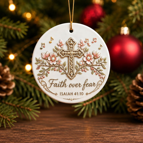 Faith Over Fear Ornament – Christian Ceramic Hanging Decor Inspired by Isaiah 41:10, Hope, Courage & Divine Strength
