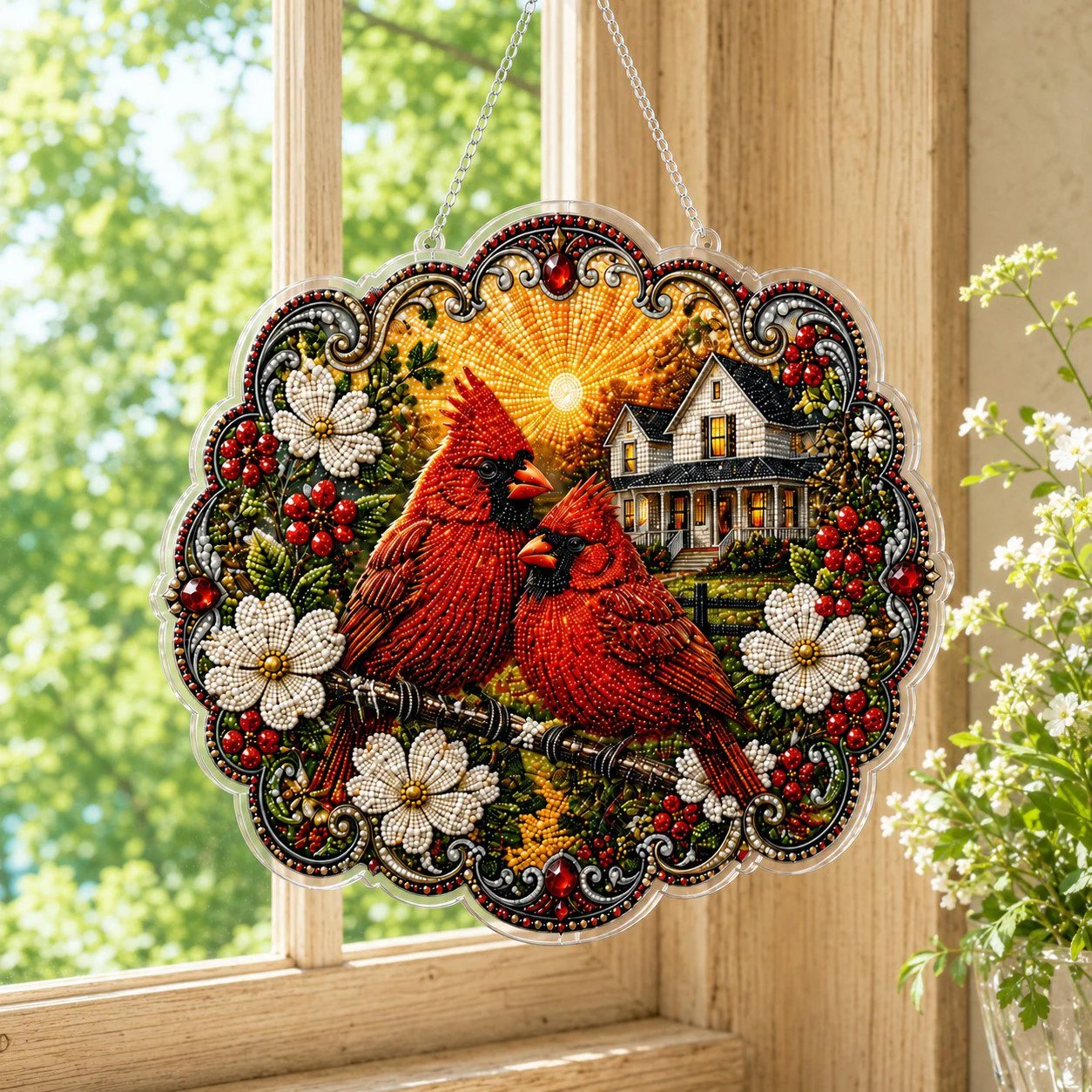 ✨🐦Beginner-Friendly-🐦Cardinals & Sunrise Diamond Art Hanging Ornament Kit