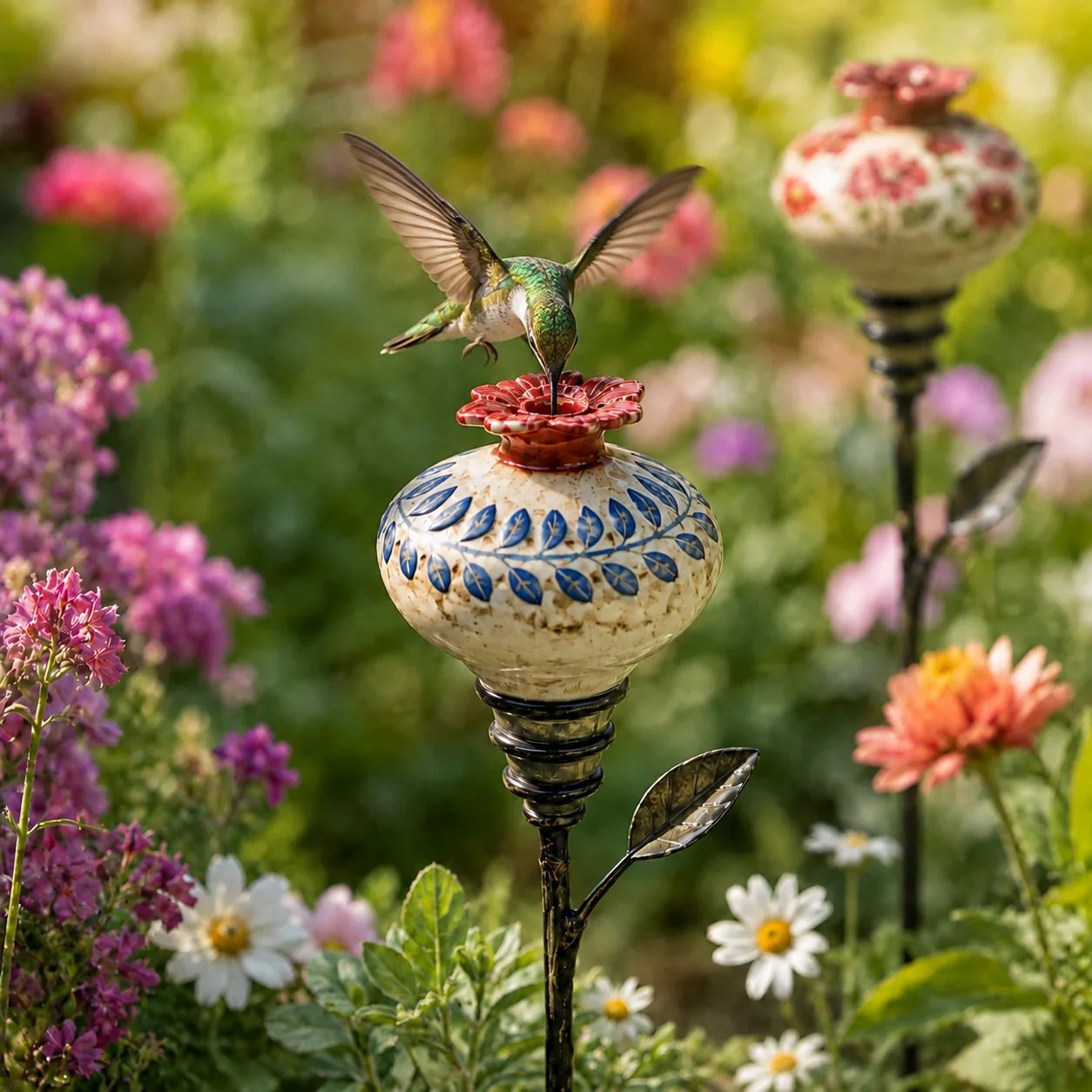 🎅🎅 2026 Christmas Gift 50% Off--🌺 Vintage Ceramic Hummingbird Feeder Garden Stake — Handcrafted Floral Bird Feeder Decoration