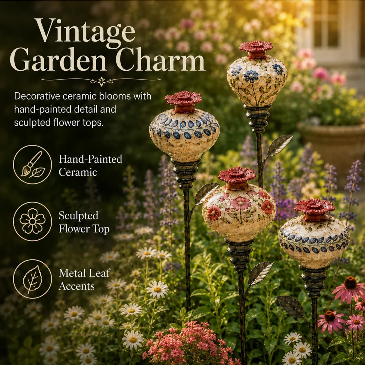 🎅🎅 2026 Christmas Gift 50% Off--🌺 Vintage Ceramic Hummingbird Feeder Garden Stake — Handcrafted Floral Bird Feeder Decoration