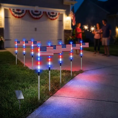 ☀️8-in-1 Solar American Flag Garden Stakes✨ IP65 Weatherproof & Auto-On Patriotic Decor