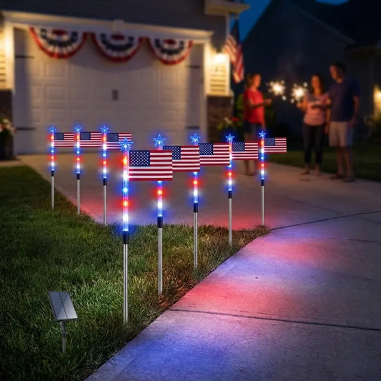 ☀️8-in-1 Solar American Flag Garden Stakes✨ IP65 Weatherproof & Auto-On Patriotic Decor
