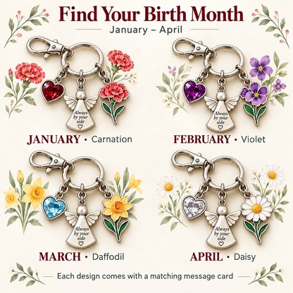 ⏳ Last Day 50% OFF —👼 Always By Your Side: Birth Month Angel & Flower Keychain + Keepsake Card 🌸