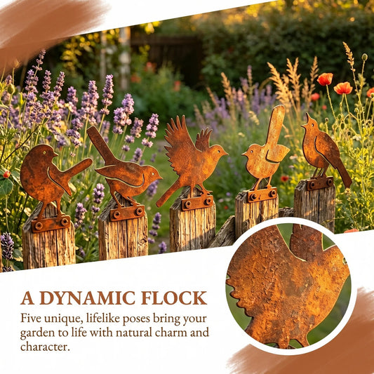 🐦5-Piece Lifelike Rusty Metal Bird Silhouettes Garden Art