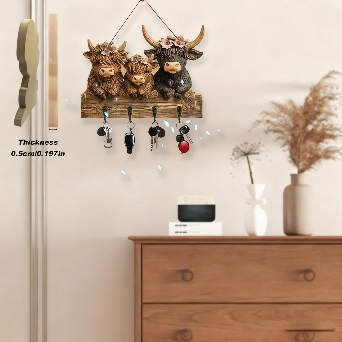 🐮 2D-Rustic Highland Cow Wooden Family Key Holder Hanging Ornament with 4 Hooks