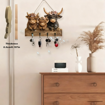 🐮 2D-Rustic Highland Cow Wooden Family Key Holder Hanging Ornament with 4 Hooks
