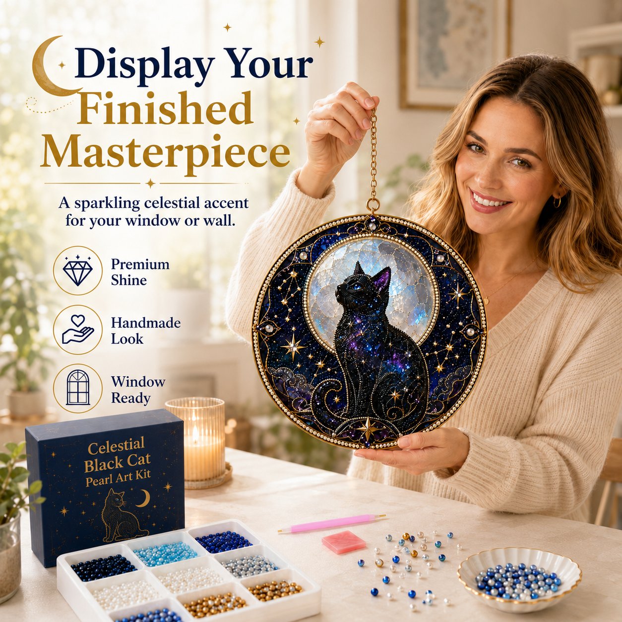 🌙🌙🐈‍⬛ LAST DAY 49% OFF – ✨ Premium 3D Pearl Celestial Black Cat Window Hanging Kit | Luxury Flocked Canvas with Scratch-Resistant Non-Fading Pearl Beads DIY Handmade Moonlight Suncatcher Decor 🔮💎