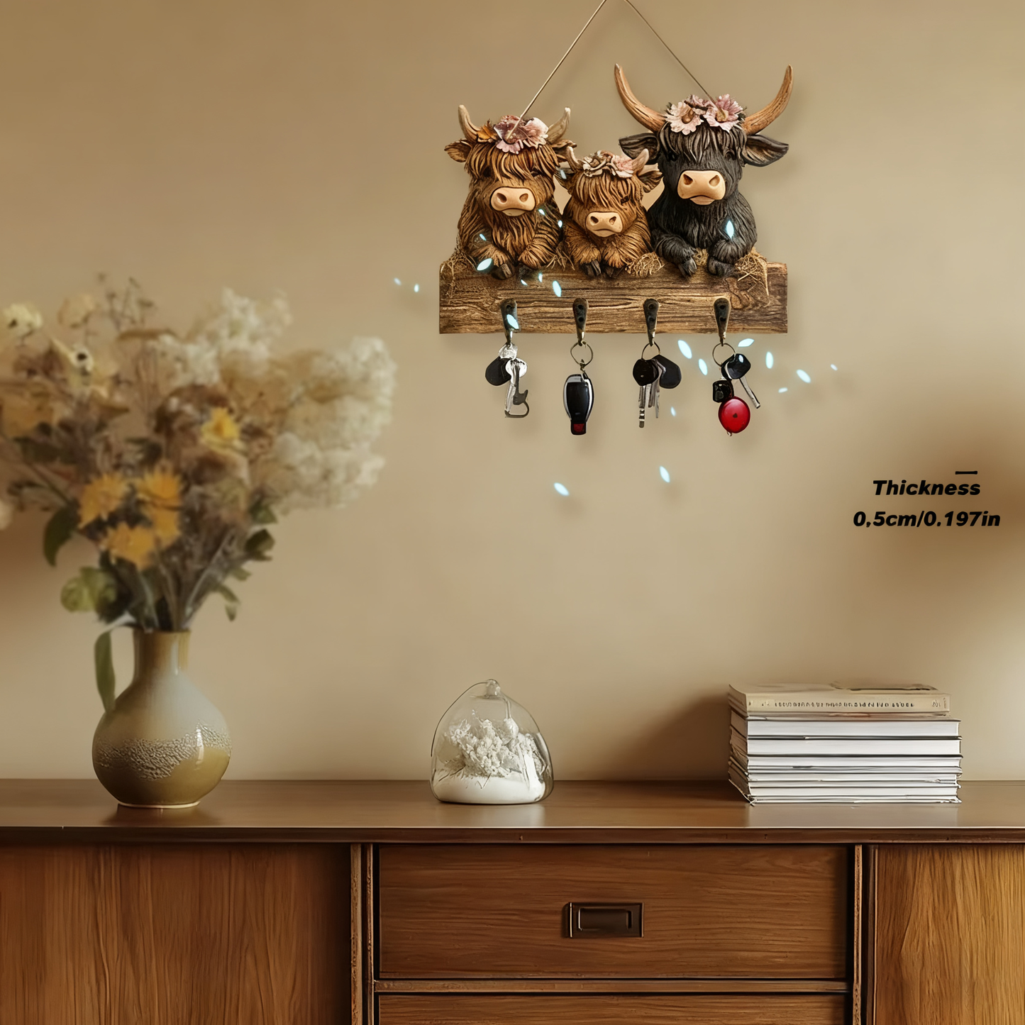 🐮 🐮2D-Rustic Highland Cow Wooden Family Key Holder Hanging Ornament with 4 Hooks