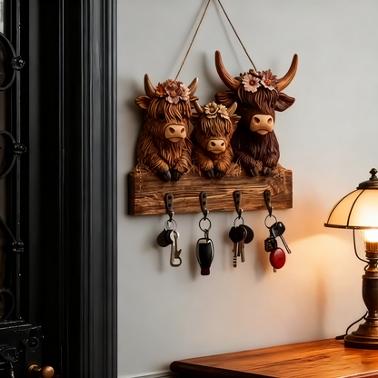 🐮 2D-Rustic Highland Cow Wooden Family Key Holder Hanging Ornament with 4 Hooks
