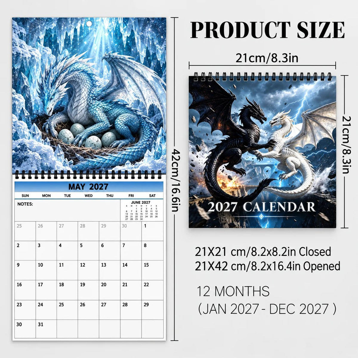 🐉Dragons  2027 Wall Calendar – 12-Month Epic Fantasy Dragon Calendar, Mystical Legendary Art Hanging Planner for Dragon Lovers
