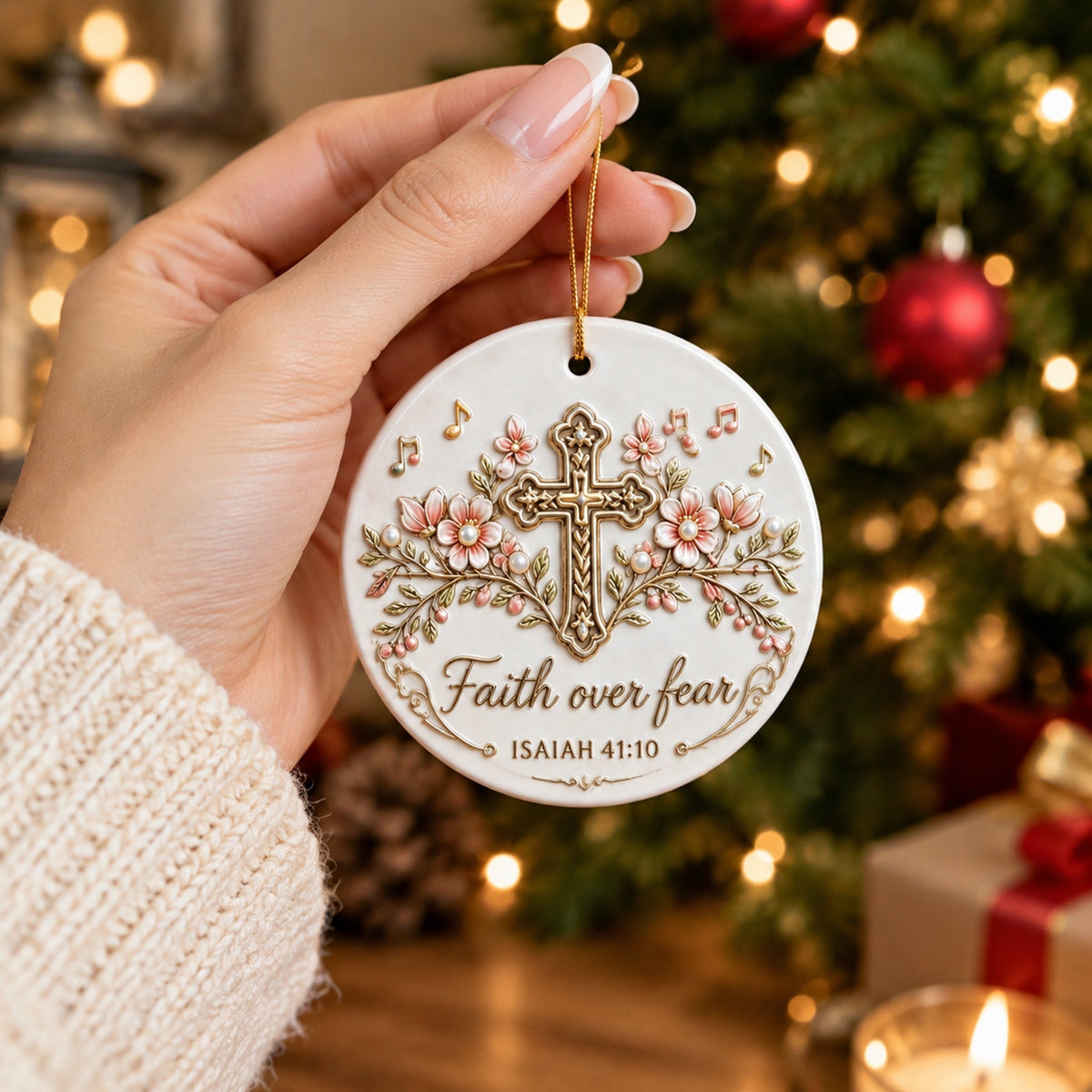 Faith Over Fear Ornament – Christian Ceramic Hanging Decor Inspired by Isaiah 41:10, Hope, Courage & Divine Strength