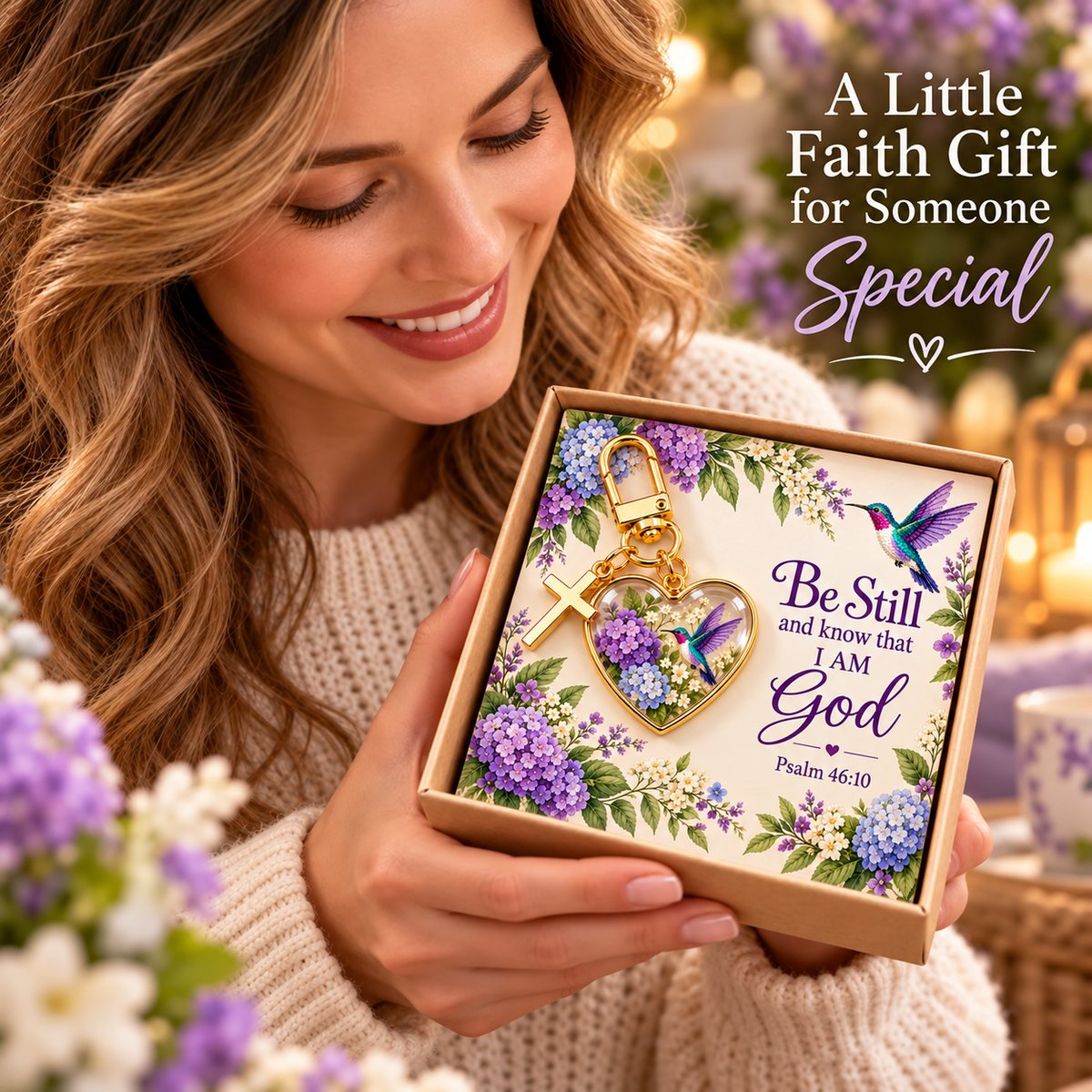 💜✝️ Be Still & Know That I Am God Hummingbird Faith Keychain — Psalm 46:10