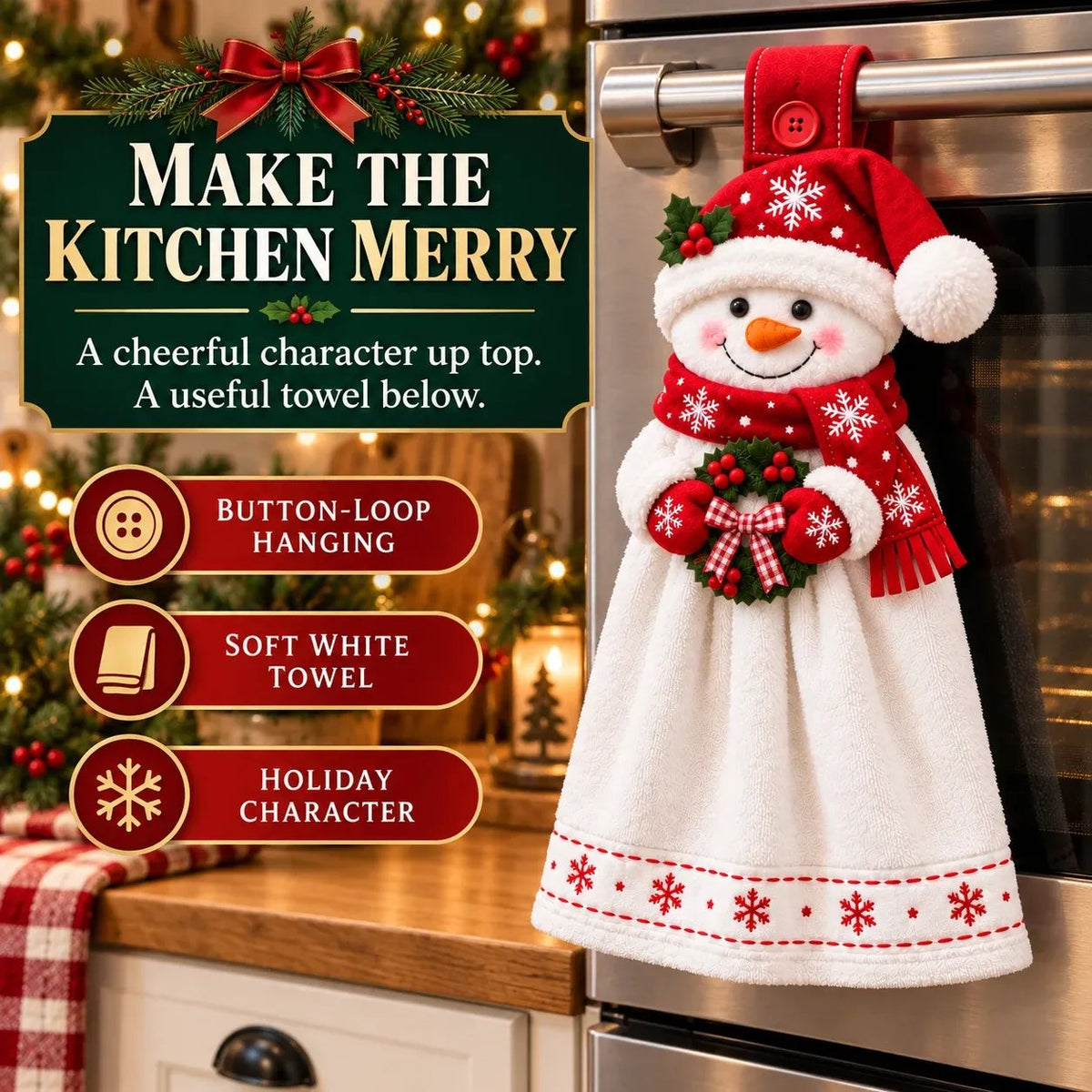 🎄 Christmas Hanging Hand Towel | Button-On Loop Keeps It Within Reach