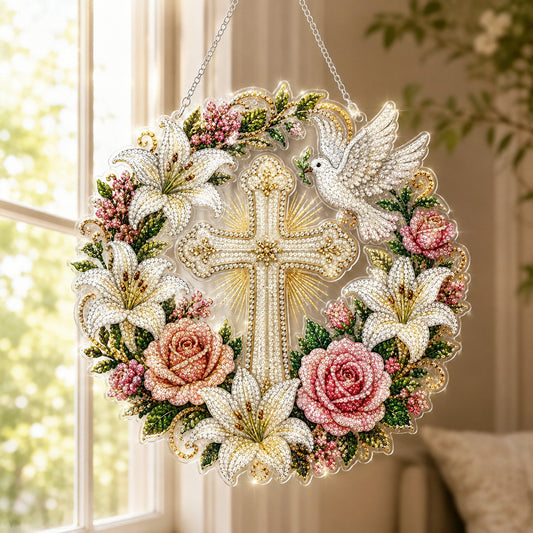✝️💐Cross, Flowers & Peace Dove Diamond Art Hanging Ornament kit