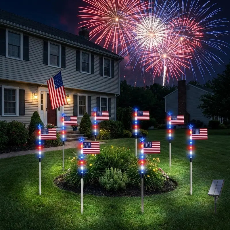 ☀️8-in-1 Solar American Flag Garden Stakes✨ IP65 Weatherproof & Auto-On Patriotic Decor