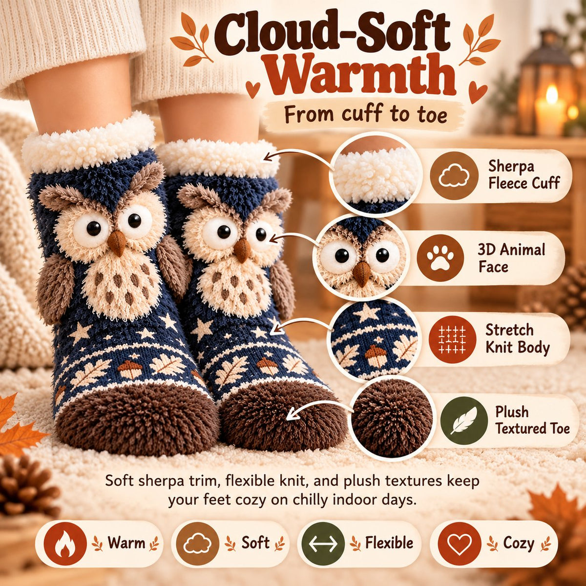 🦊🐦 Cozy 3D Animal Fuzzy Slipper Socks – Cute & Warm House Socks 🦦🦉