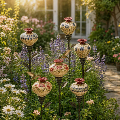 🎅🎅 2026 Christmas Gift 50% Off--🌺 Vintage Ceramic Hummingbird Feeder Garden Stake — Handcrafted Floral Bird Feeder Decoration