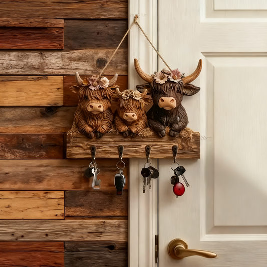 🐮 2D-Rustic Highland Cow Wooden Family Key Holder Hanging Ornament with 4 Hooks