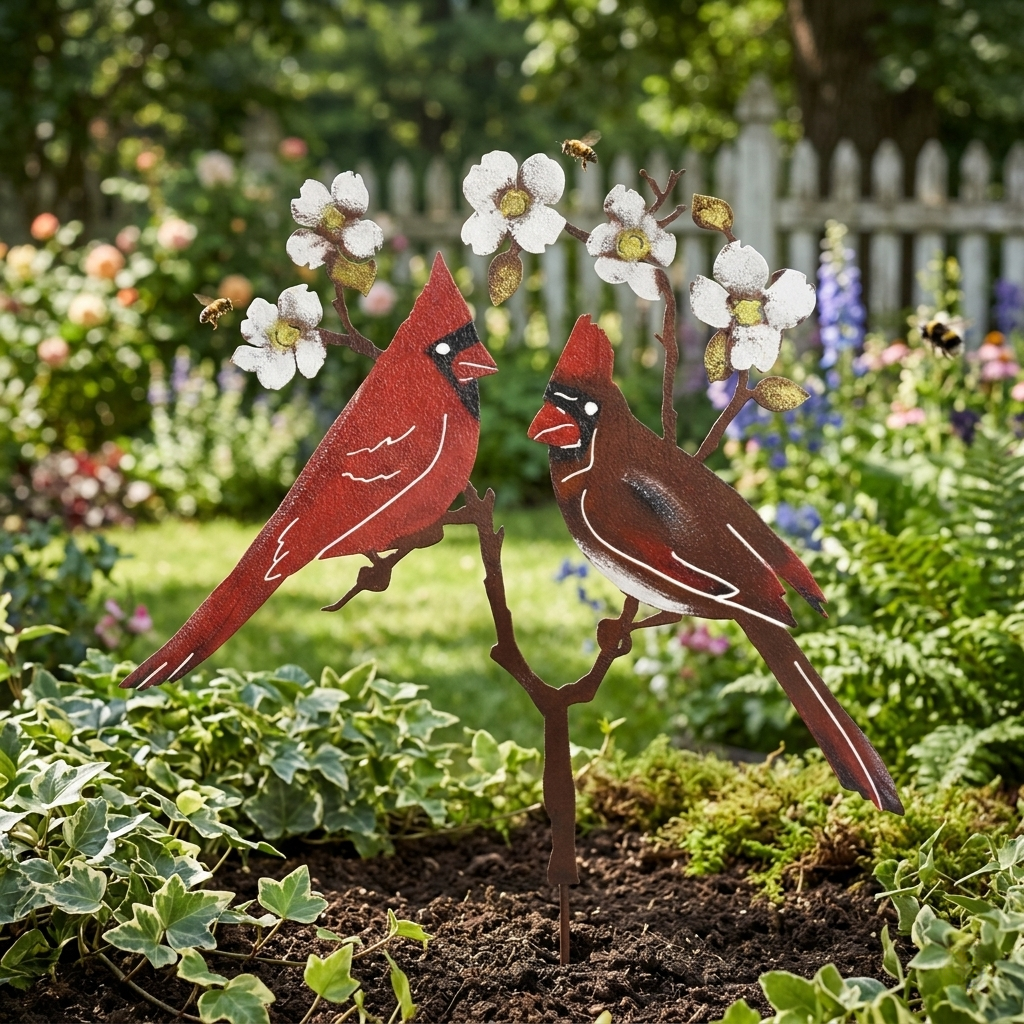 🌸Cardinal Couple Garden Stake – Rustic Metal Bird Yard Decor