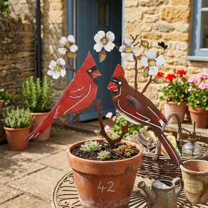 🌸Cardinal Couple Garden Stake – Rustic Metal Bird Yard Decor