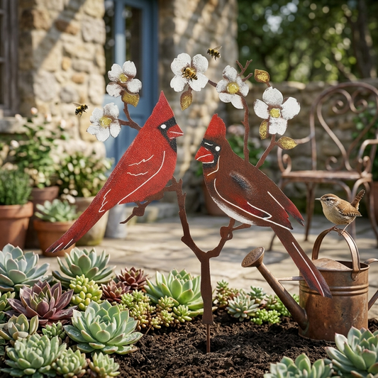 🌸Cardinal Couple Garden Stake – Rustic Metal Bird Yard Decor