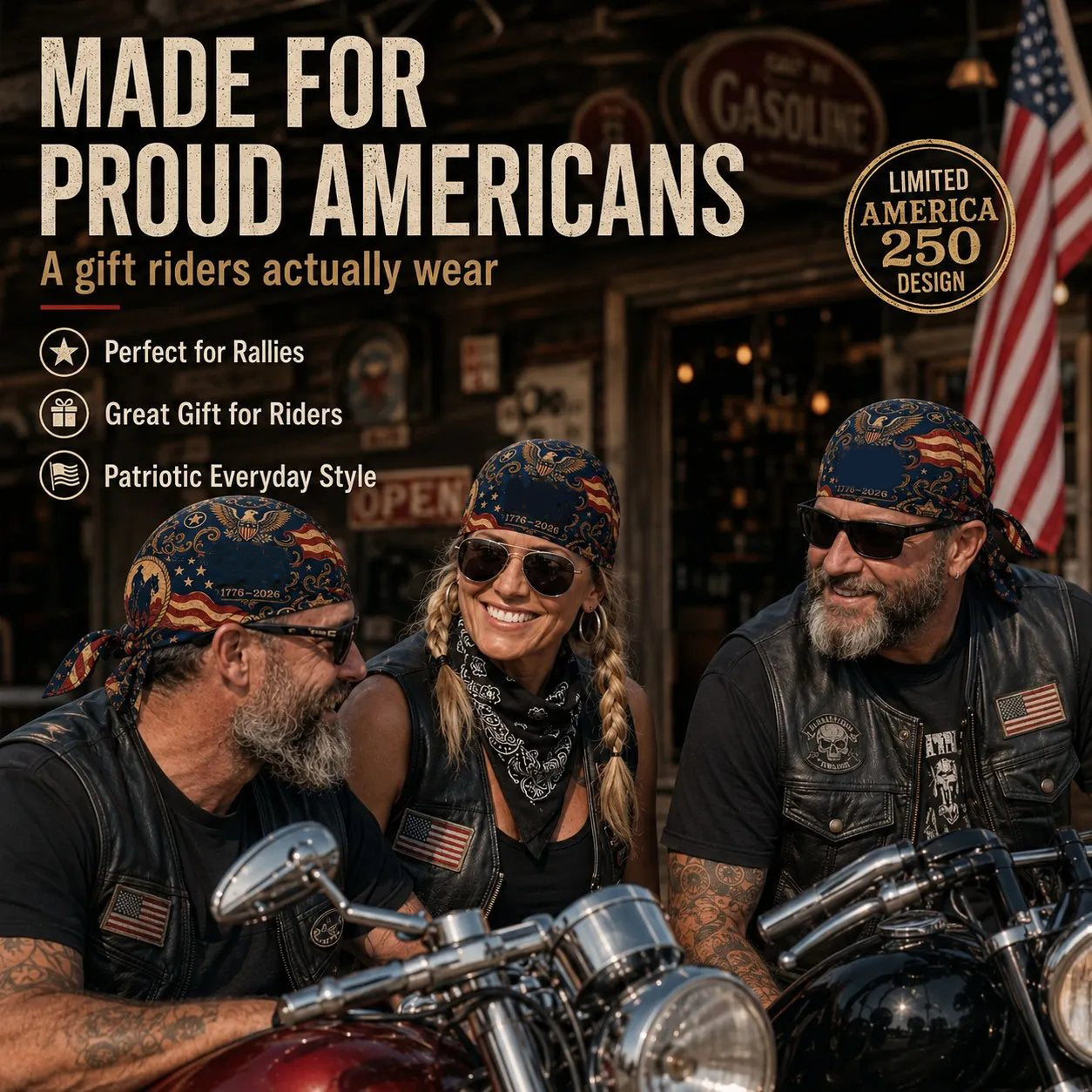 🏍️🏍️America 250 Cycling Pirate Hat / Biker Headwrap