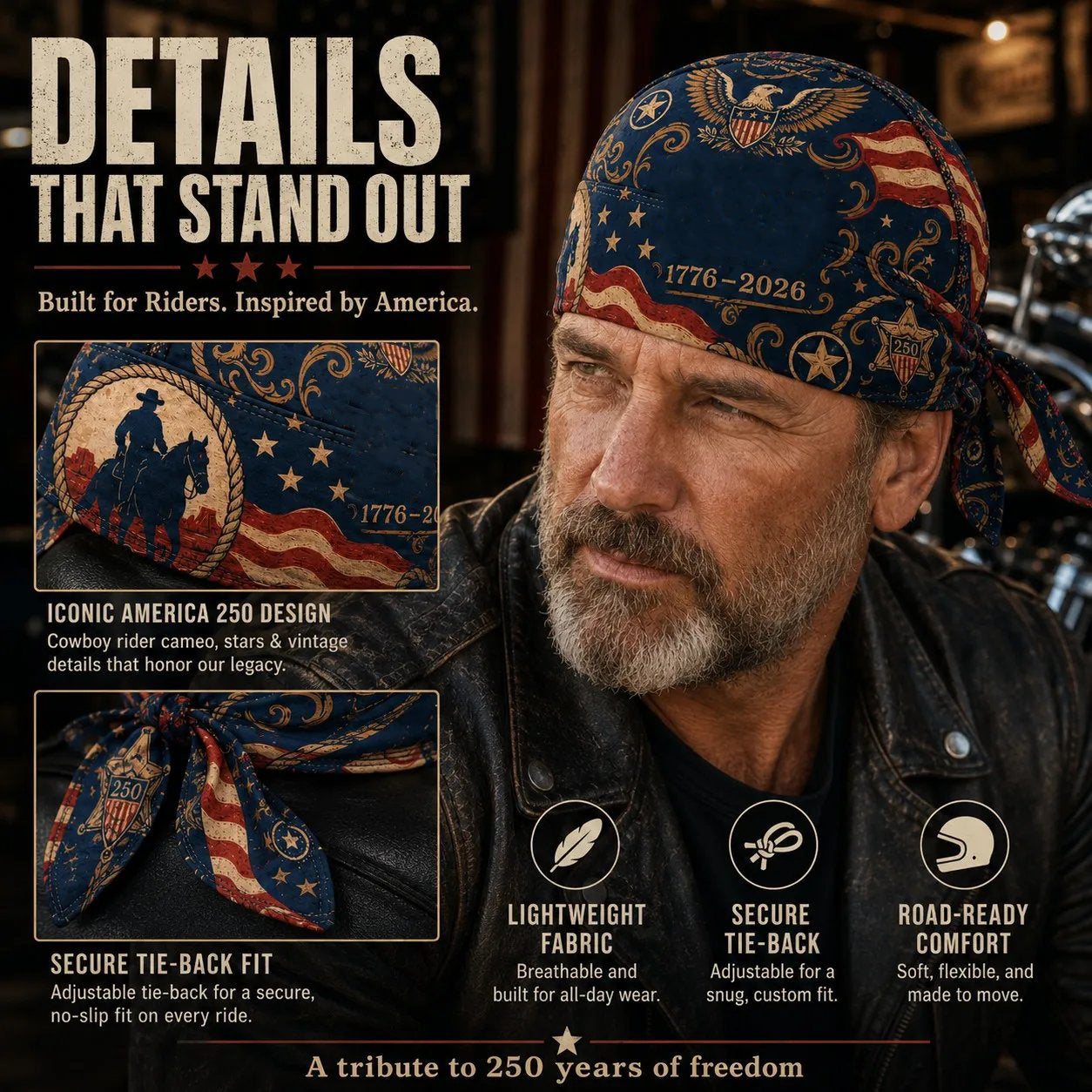 🏍️🏍️America 250 Cycling Pirate Hat / Biker Headwrap