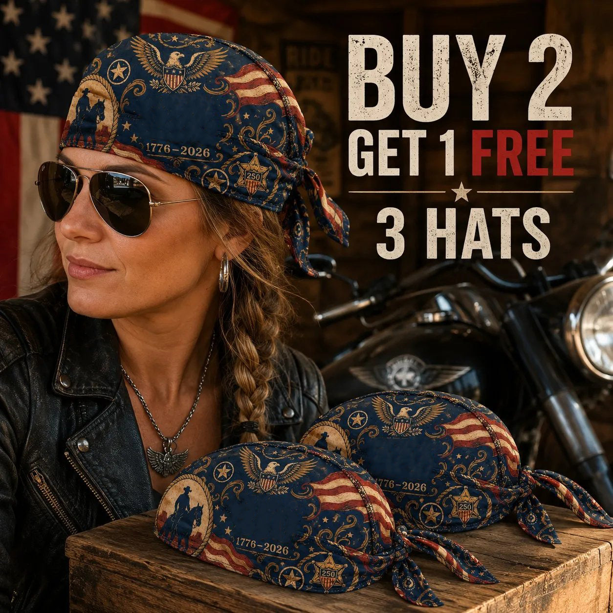 🏍️🏍️America 250 Cycling Pirate Hat / Biker Headwrap