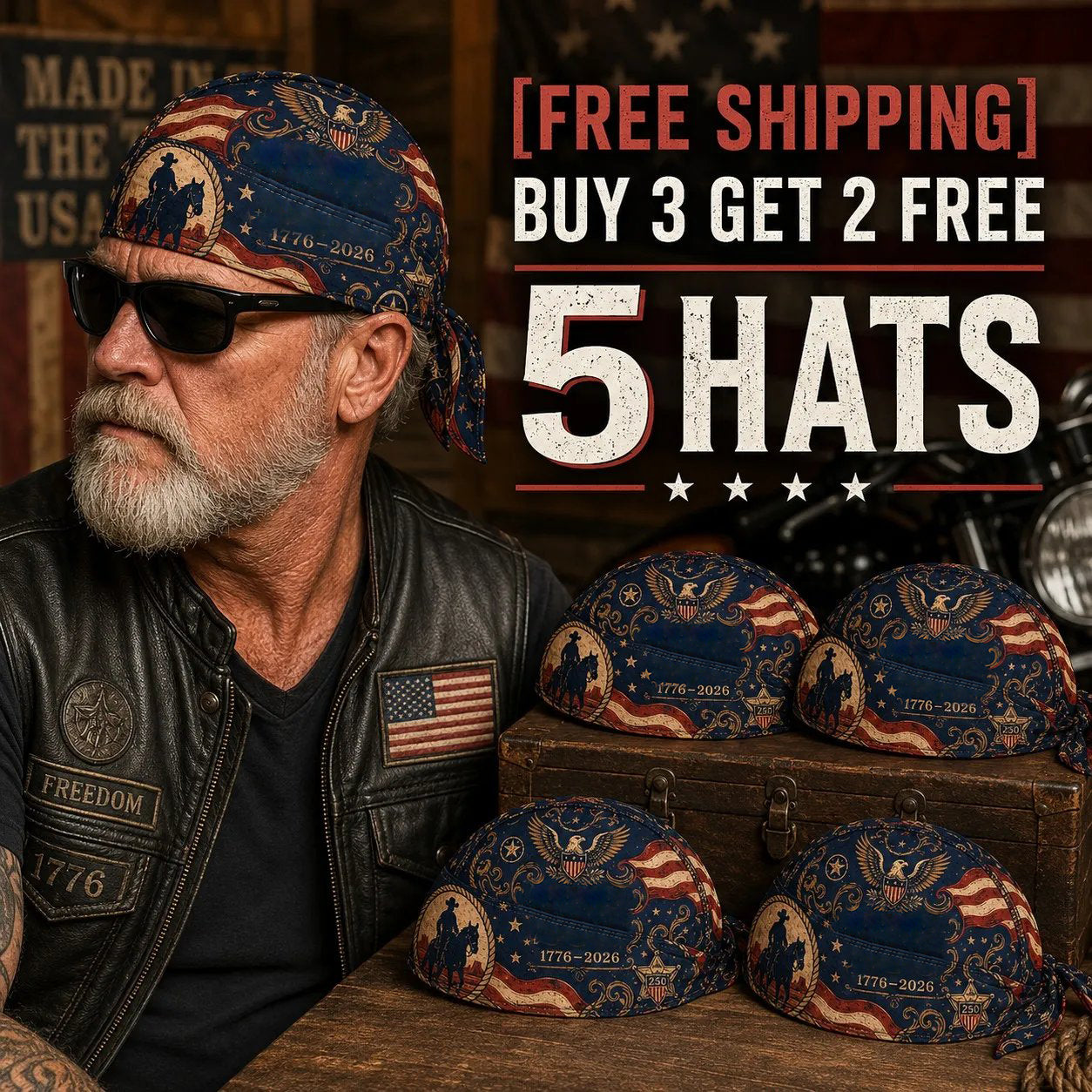 🏍️🏍️America 250 Cycling Pirate Hat / Biker Headwrap