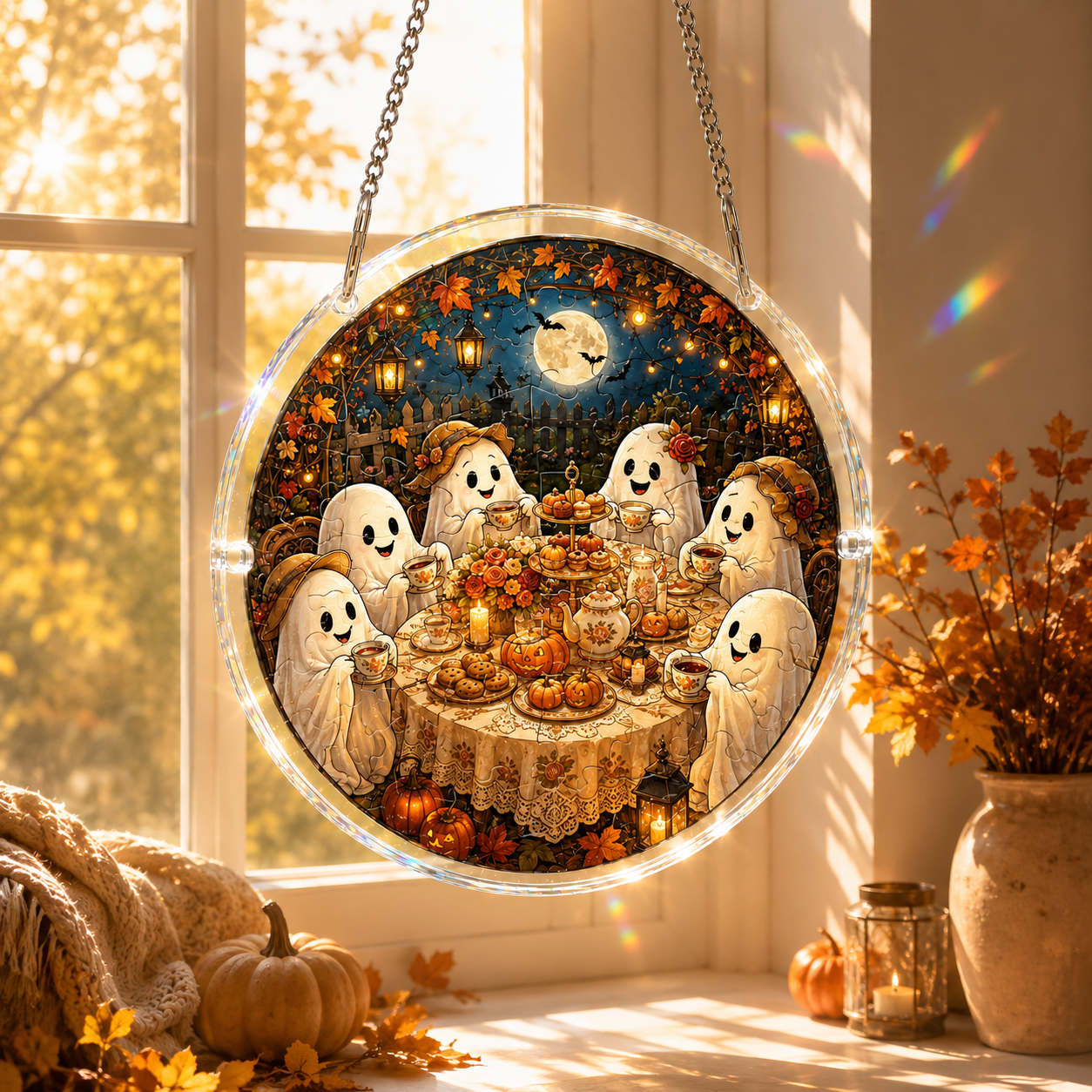 👻👻Halloween Acrylic Jigsaw Puzzle Suncatcher - Gothic Haunted House & Moon