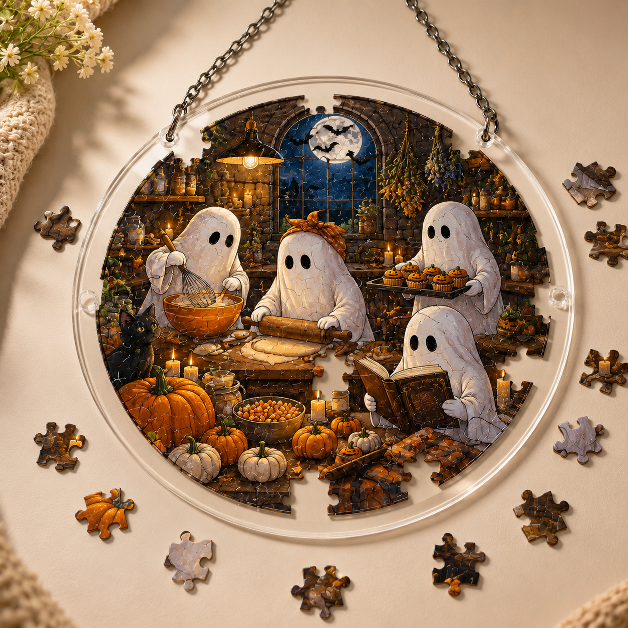 👻👻Halloween Acrylic Jigsaw Puzzle Suncatcher - Gothic Haunted House & Moon