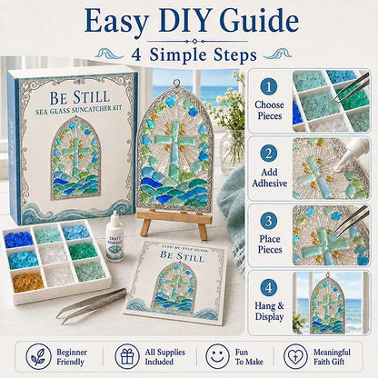 🎅🎅 2026 Christmas Gift 50% Off--“Be Still” Christian Sea Glass Suncatcher DIY Kit – Cross & Ocean Wave Stained Glass Craft, Psalm 46:10 Faith-Inspired Window Décor and Religious Gift