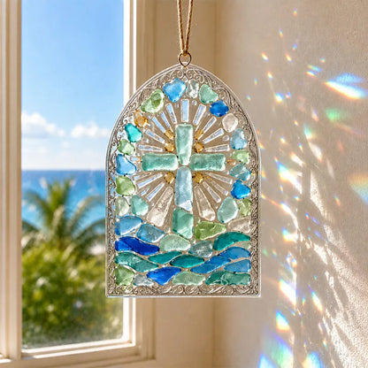 🎅🎅 2026 Christmas Gift 50% Off--“Be Still” Christian Sea Glass Suncatcher DIY Kit – Cross & Ocean Wave Stained Glass Craft, Psalm 46:10 Faith-Inspired Window Décor and Religious Gift