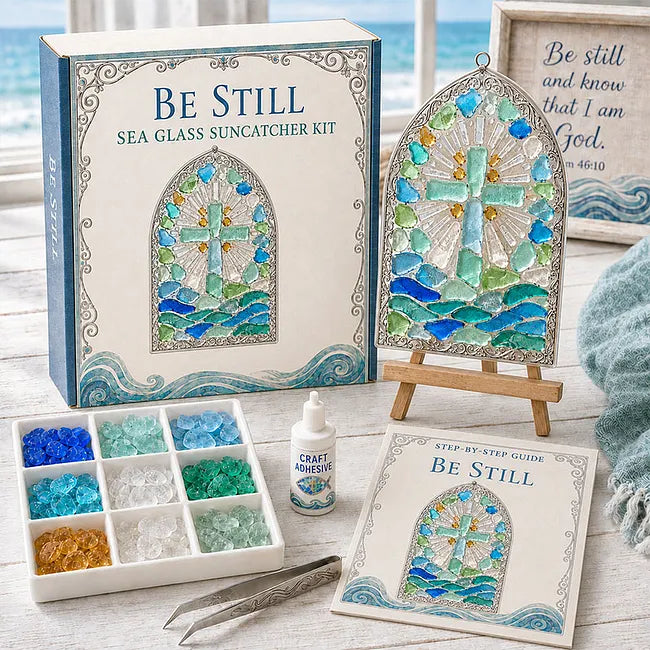 🎅🎅 2026 Christmas Gift 50% Off--“Be Still” Christian Sea Glass Suncatcher DIY Kit – Cross & Ocean Wave Stained Glass Craft, Psalm 46:10 Faith-Inspired Window Décor and Religious Gift