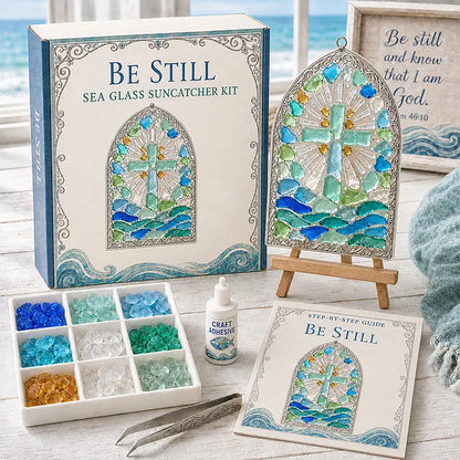 🎅 2026 Christmas Gift 50% Off--“Be Still” Christian Sea Glass Suncatcher DIY Kit – Cross & Ocean Wave Stained Glass Craft, Psalm 46:10 Faith-Inspired Window Décor and Religious Gift