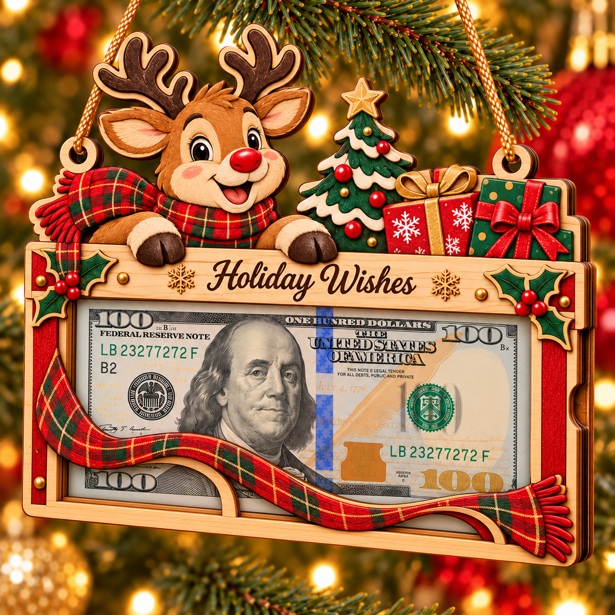 🎄 Wooden Christmas Cash Gift Holder Ornament