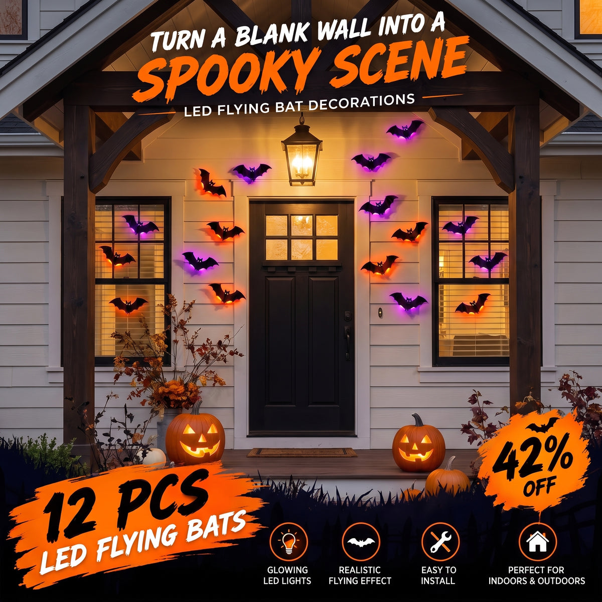 Halloween LED Flying Bat Decorations – Glowing 3D Bat Wall Decor for Porch, Window, Door, Garage & Party Backdrop