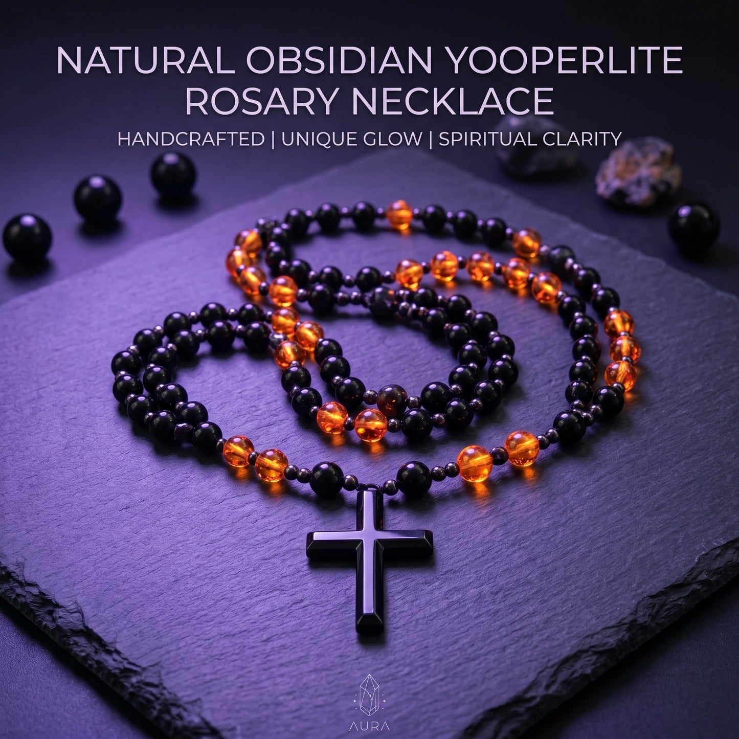 Natural Obsidian Yooperlite RosaryNecklace, UV Reactive EnergyProtection Healing Crystal