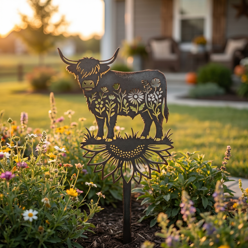 🐂 Highland Cow Metal Garden Stake with Sunflower Base