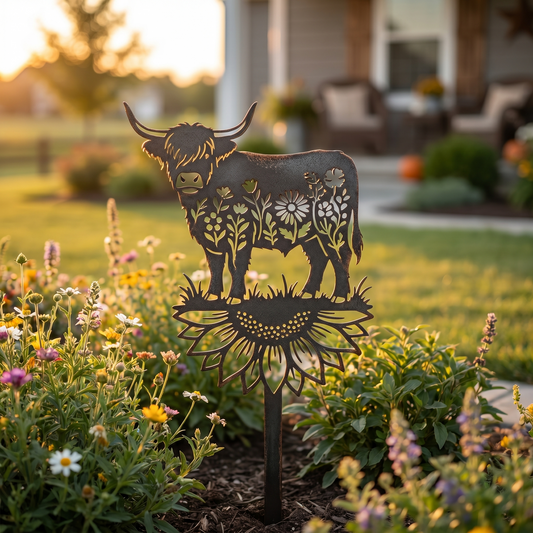 🐂 Highland Cow Metal Garden Stake with Sunflower Base