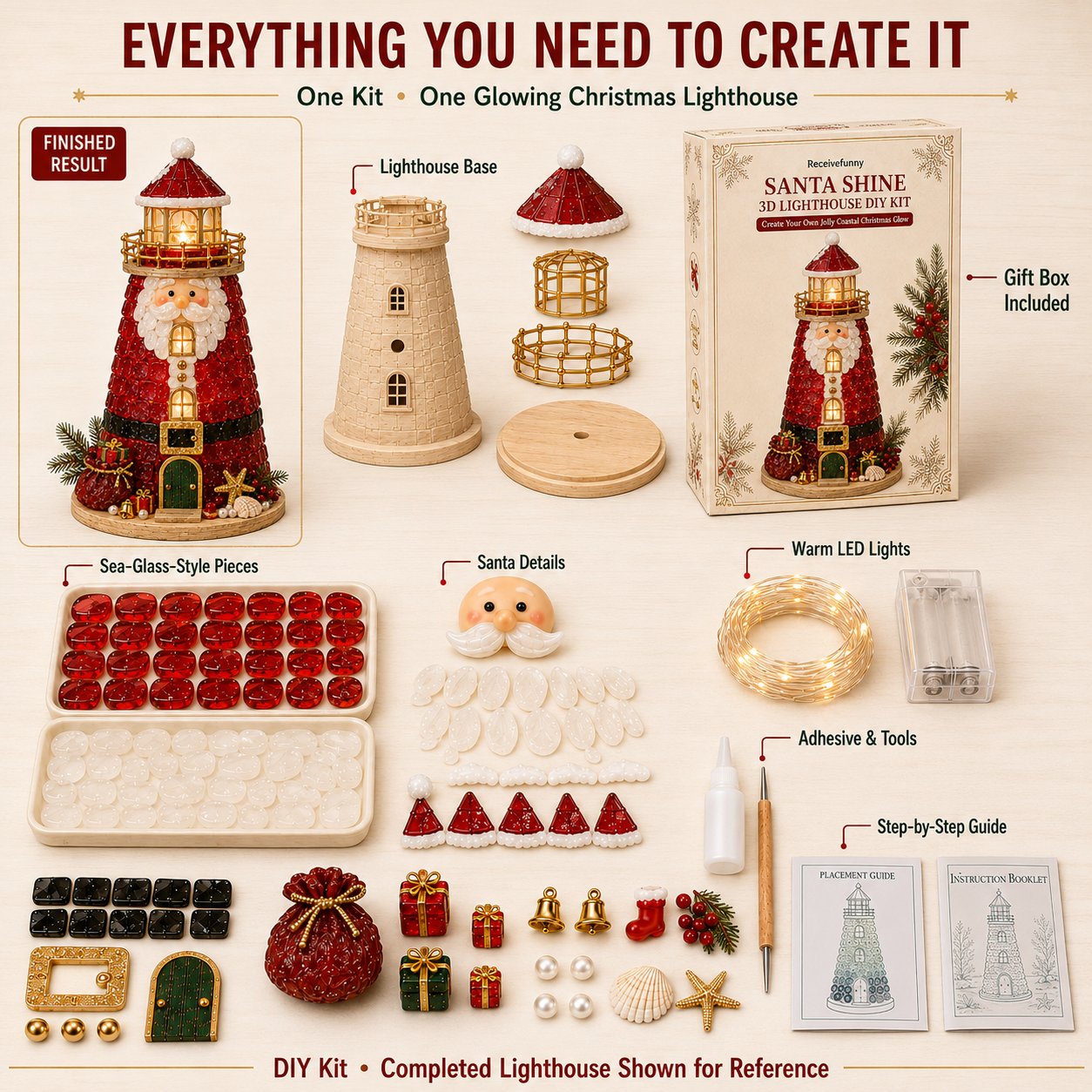 🎅🎅 2026 Christmas Gift 50% Off--🎄Beginner-Friendly DIY Lighted Christmas Character Sea Glass-Style Lighthouse Kit Collection | Complete Kit with Sea Glass-Style Pieces, LED Lights & Step-by-Step Guide Included 💕