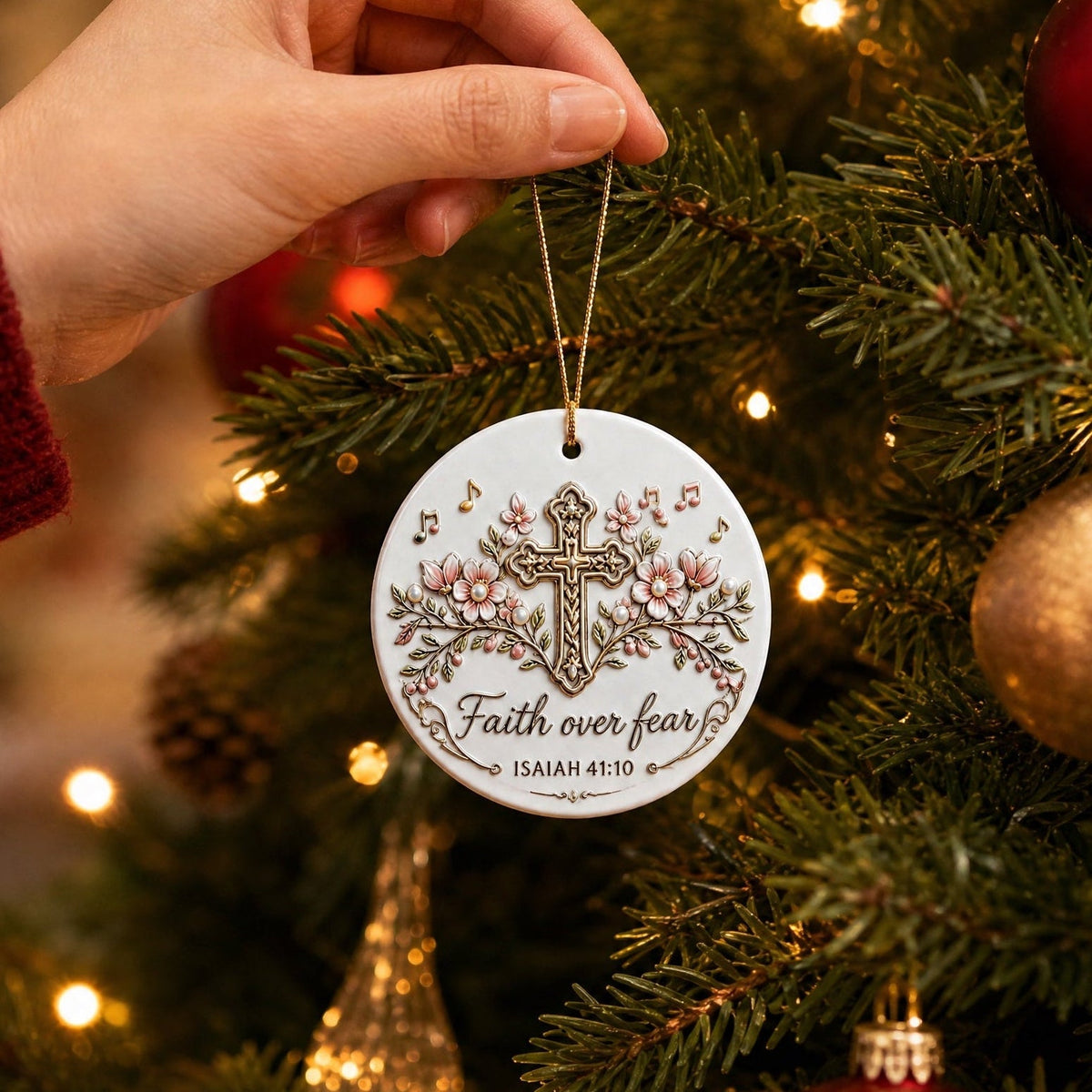 Faith Over Fear Ornament – Christian Ceramic Hanging Decor Inspired by Isaiah 41:10, Hope, Courage & Divine Strength