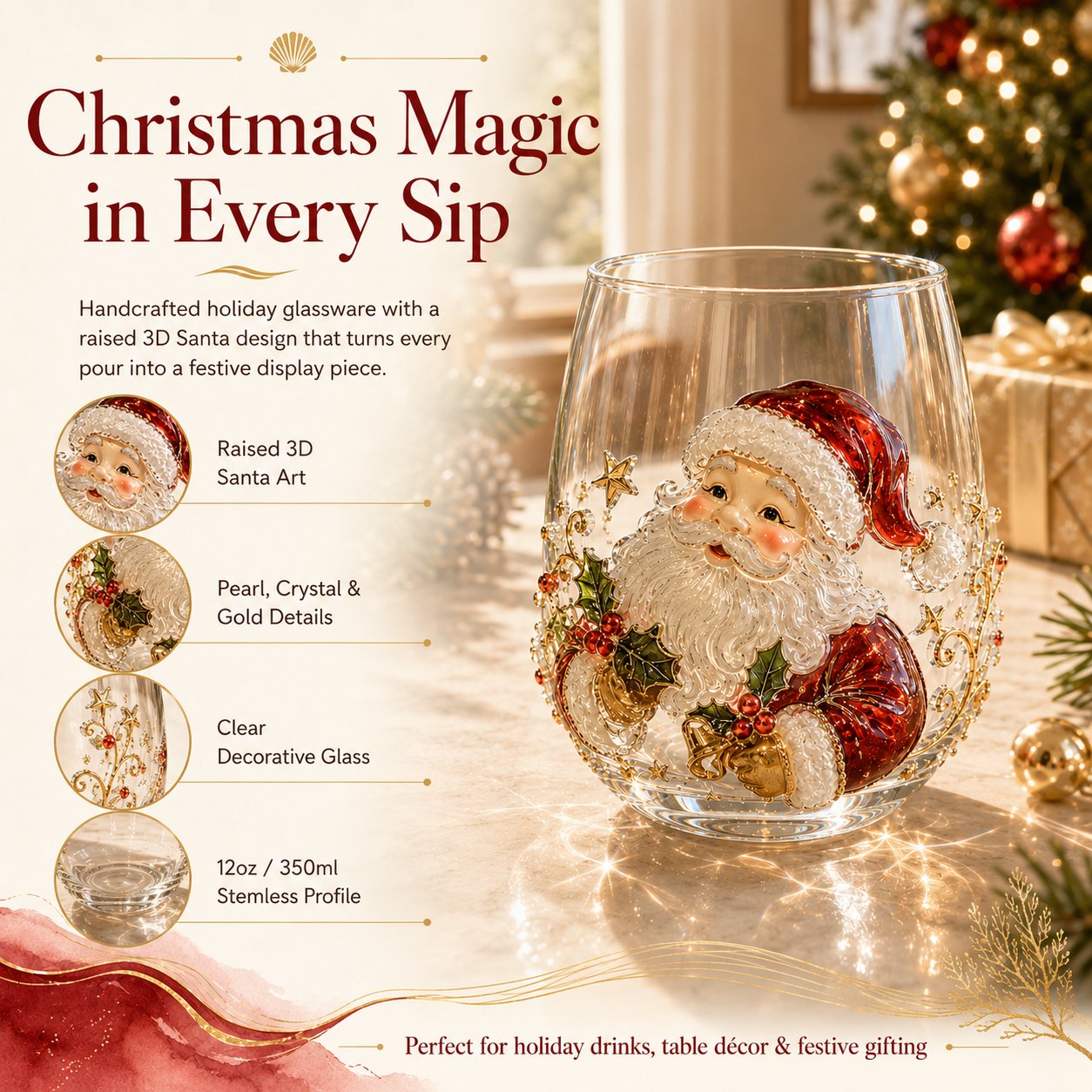 🎄🎄✨ 3D Christmas Glass Art Cup | Luxury Raised Holiday Glassware for Drinks, Decor & Christmas Gifts 🎁
